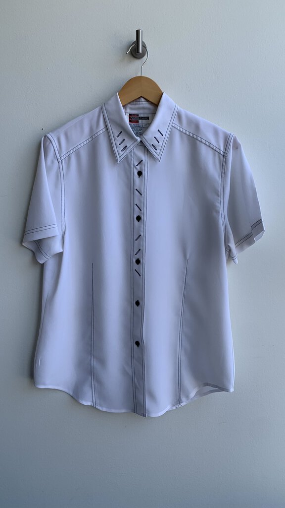 Pre-Owned Simon Chang White w/ Black Stitch Short Sleeve Button Front Shirt - Size 12