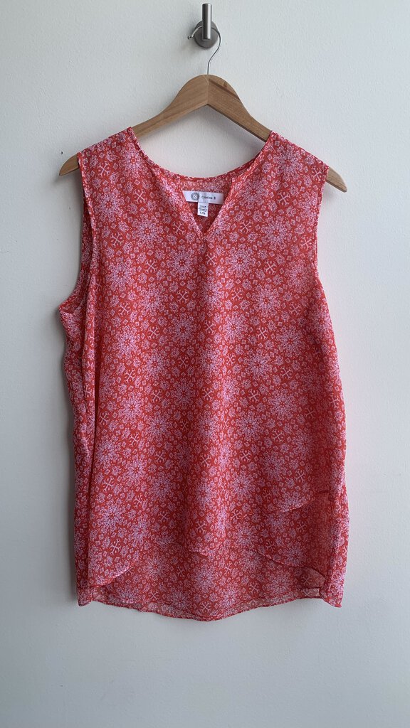 Pre-Owned Cristina B Red Printed Sleeveless Notched Neck Sheer Tank Top- Size Large