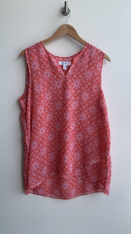 Pre-Owned Cristina B Red Printed Sleeveless Notched Neck Sheer Tank Top- Size Large