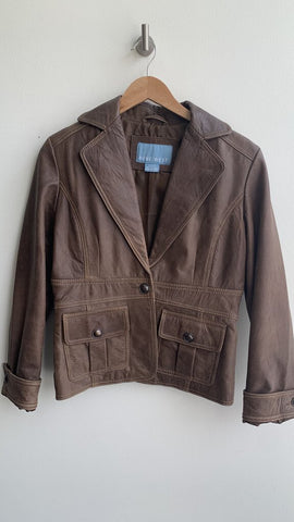 Pre-Owned Nine West Brown Leather Collared Jacket - Size Small