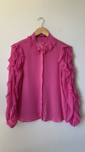 Pre-Owned Zara Pink Sheer Ruffle Long Sleeve Button Up Blouse- Size Small