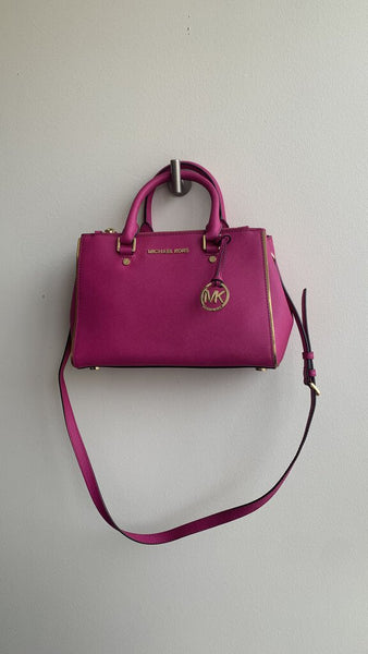 Pre-Owned Michael Kors Fuschia Two Zipper Compartment Open Middle Satchel Crossbody Handbag