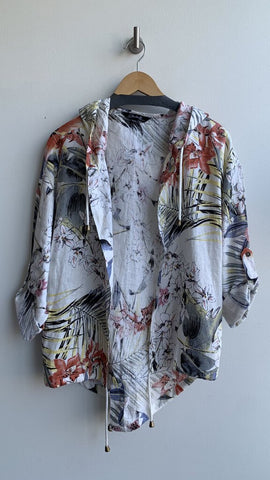 Pre-Owned Charlie B Cream Hawaiian Print Linen Open Hooded Jacket- Size X-Small