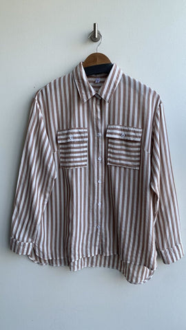 Pre-Owned MSJ Cream/Tan Striped Long Sleeve Oxford Shirt- Size Large