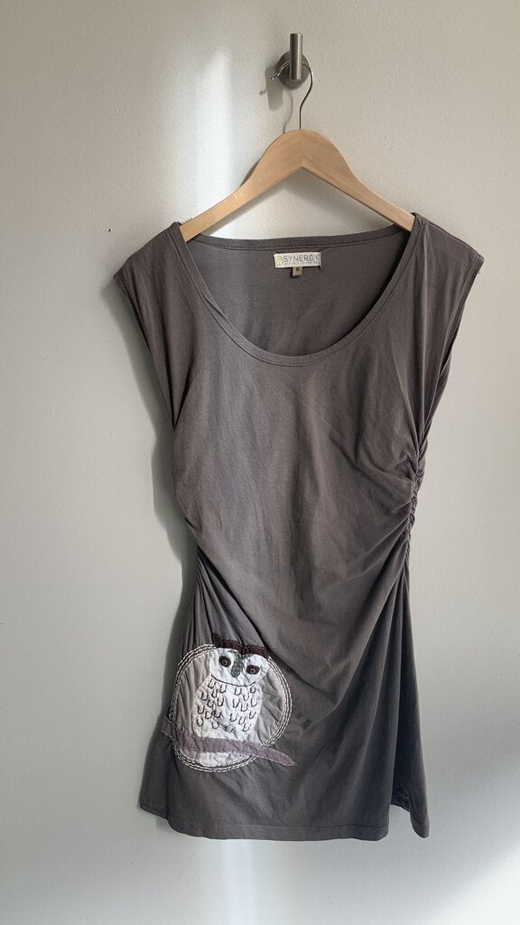Pre-Owned Synergy Organic Cotton Grey Owl Applique Side Ruched Round Neck Sleeveless Dress- Size Small