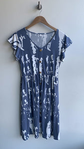 Pre-Owned Blue/White Printed Faux Button Front Cap Sleeve Dress - Size Medium