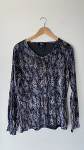 Pre-Owned French Dressing Jeans Blue Peacock Print Cinch Long Sleeve Blouse- Size Medium