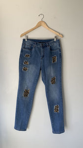 Pre-Owned Joseph Ribkoff Light Wash Cheetah Patches Jewelled Jeans- Size 10