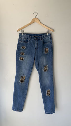 Pre-Owned Joseph Ribkoff Light Wash Cheetah Patches Jewelled Jeans- Size 10