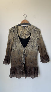 Pre-Owned Mandee Brown Printed Tie Front Pleated Faux Overlay Black Under Tank Top- Size Medium (Estimated)