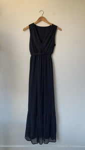 Pre-Owned Black Polka Dot Sleeveless Tiered Belted Maxi Dress- Size Small (Estimated)