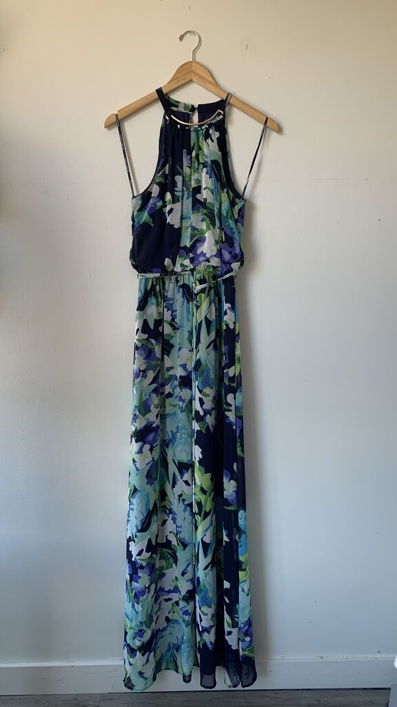 Pre-Owned Vince Camuto Blue Floral High Neck Sleeveless Maxi Dress- Size 6