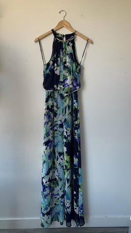 Pre-Owned Vince Camuto Blue Floral High Neck Sleeveless Maxi Dress- Size 6