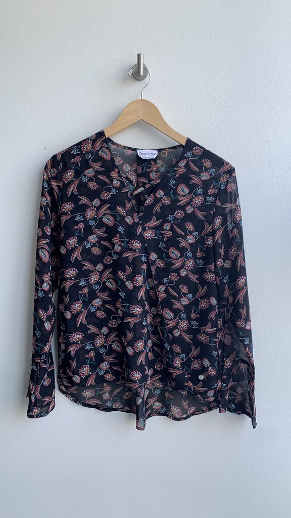 Pre-Owned Point Zero Black Floral Long Sleeve Sheer Blouse- Size Medium