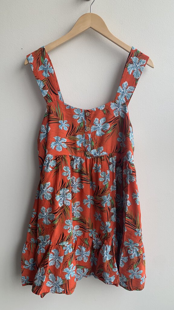 Pre-Owned Cotton Bleu Orange Tropical Floral Babydoll Dress - Size Medium