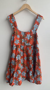 Pre-Owned Cotton Bleu Orange Tropical Floral Babydoll Dress - Size Medium