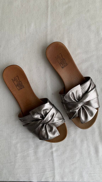 Miz Mooz Pewter Bow Tie Slip on Sandal- Size 8