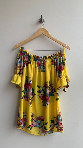 Pre-Owned Antila Femme Yellow Floral Off Shoulder Short Sleeve Blouse- Size Medium