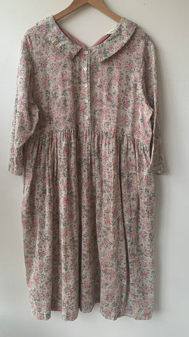 Pre-Owned April Cornell Cream Floral Vintage Button Up Front Pockets Collared Dress- Size X-Large