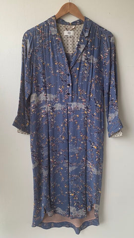 Pre-Owned Noa Noa Blue Floral Short Sleeved Collared Midi Dress- Size Small (EU 36)