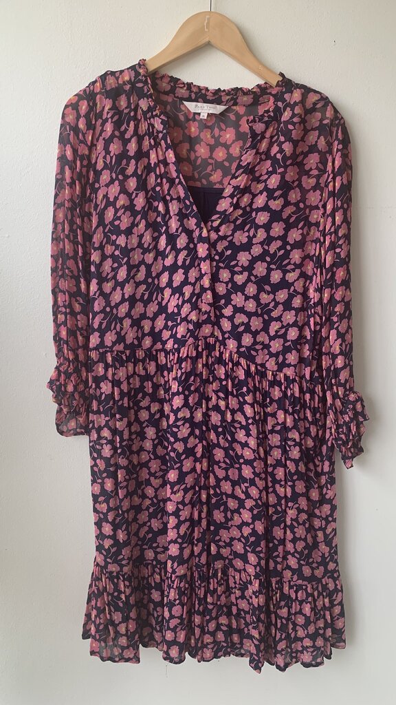 Pre-Owned Part Two Navy with Pink Flowers Built in Slip 3/4 Sleeve Tiered Dress- Size Small (EU 36)
