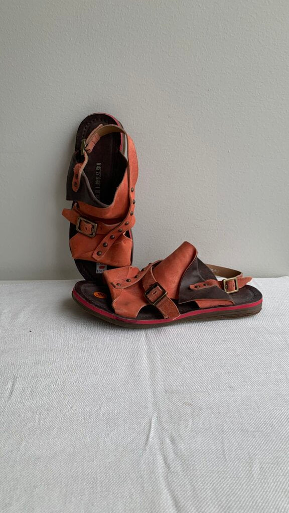 Pre-Owned A.S. 98 Red Strappy Studs Ankle Buckle Sandal - Size 40