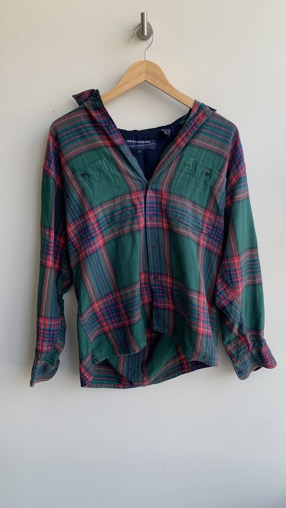 Pre-Owned JJ. Farmer Green/Red Plaid Button Front Flannel Shirt - Size Medium