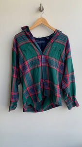 Pre-Owned JJ. Farmer Green/Red Plaid Button Front Flannel Shirt - Size Medium