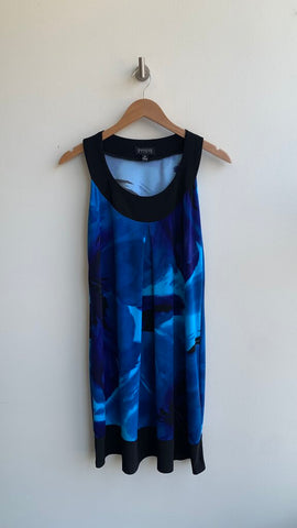 Pre-Owned En Focus Studio Blue Floral Watercolour Print Sleeveless Dress - SIze 12