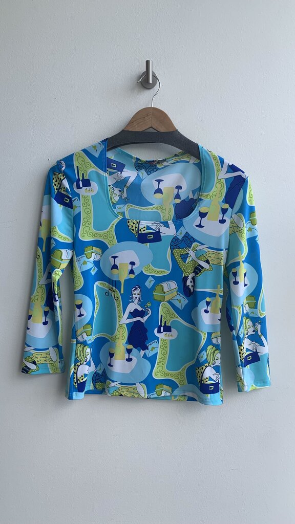 Pre-Owned Waipai T-Shirt Blue/Green Women Graphic Boat Neck Long Sleeve Top - Size Large