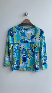 Pre-Owned Waipai T-Shirt Blue/Green Women Graphic Boat Neck Long Sleeve Top - Size Large