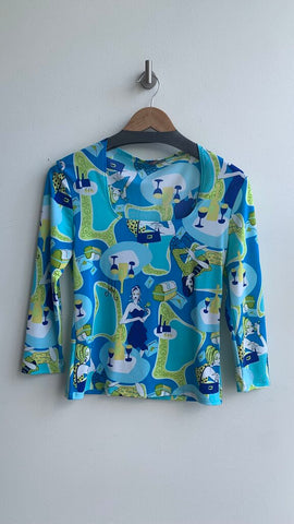 Pre-Owned Waipai T-Shirt Blue/Green Women Graphic Boat Neck Long Sleeve Top - Size Large