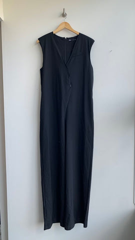 Pre-Owned Zara Black Shoulder Pad Wide Leg Sleeveless Jumpsuit - Size Small