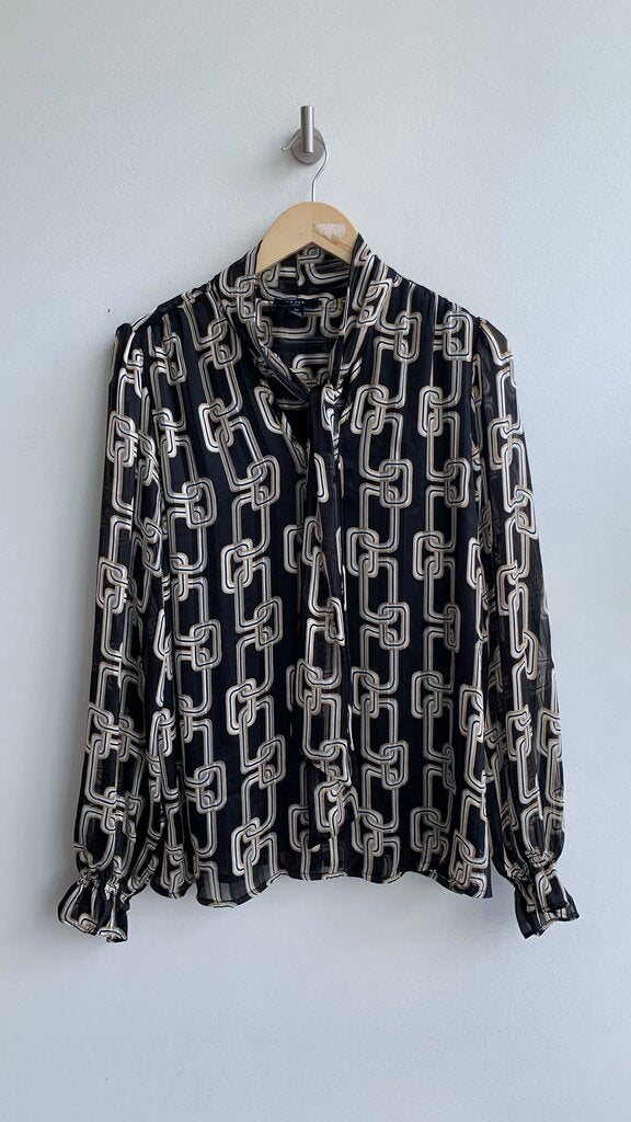 Pre-Owned Haver London Black Printed Tie Neck Long Sleeve Blouse - Size Large