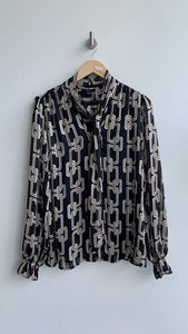 Pre-Owned Haver London Black Printed Tie Neck Long Sleeve Blouse - Size Large