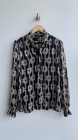 Pre-Owned Haver London Black Printed Tie Neck Long Sleeve Blouse - Size Large