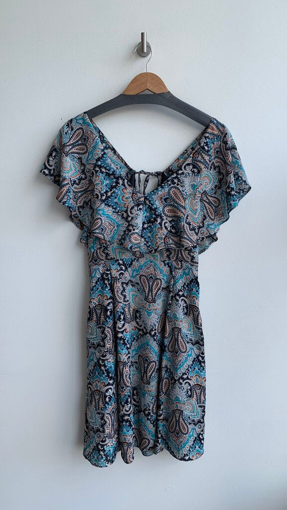 Pre-Owned Luna Navy Paisley Flutter Sleeve Skater Style Dress - Size Large