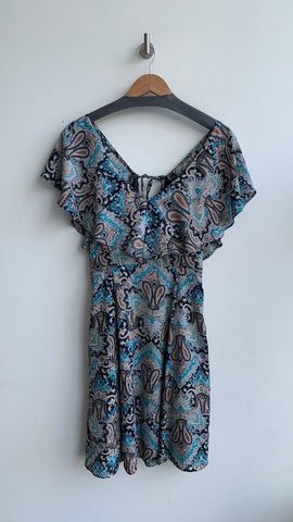 Pre-Owned Luna Navy Paisley Flutter Sleeve Skater Style Dress - Size Large