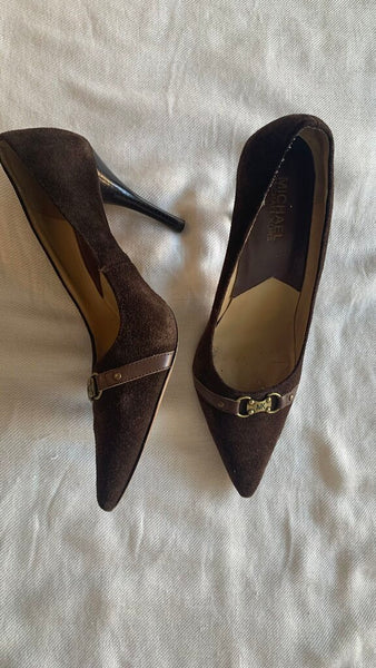 Pre-Owned Michael Kors Brown Leather MK Buckle Pointy Toe Heels - Size 8.5