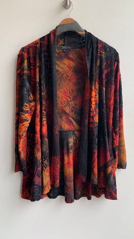 Pre-Owned Cativa Black Red/Orange Print Mesh Waterfall Detail Textured Open Front Cardigan - Size Small