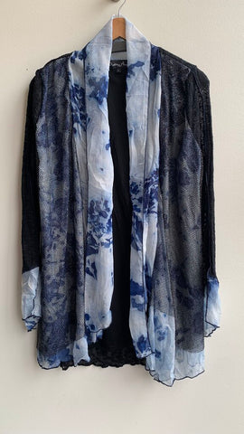 PRe-Owned Pretty Angel Black/Blue Lacey Knit Waterfall Front Open Cardigan- Size Large