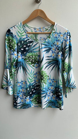 Pre-Owned White Blue/Green Floral Leaf Bell Sleeve Top- Size Small (Estimated)