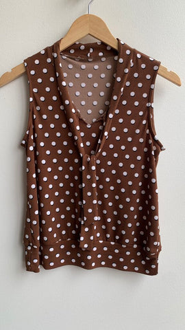 Pre-Owned Brown Polka Dot Sleeveless Collared Neck Tie Blouse- Size Small (Estimated)