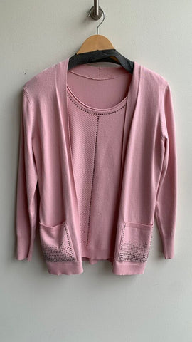 Pre-Owned Pink Knit Gem Decal Detail Round Neck Built in Top and Cardigan- Size Medium (Estimated)