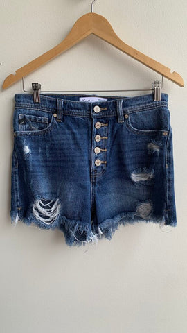 Pre-Owned KanCan Blue Mid Wash Distressed Fringe Hem Shorts - Size 26ize Medium