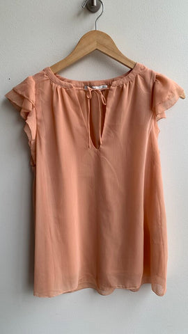 Pre-Owned Black Tape Peach Tie V-Neck Ruffle Sleeve Blouse- Size Small