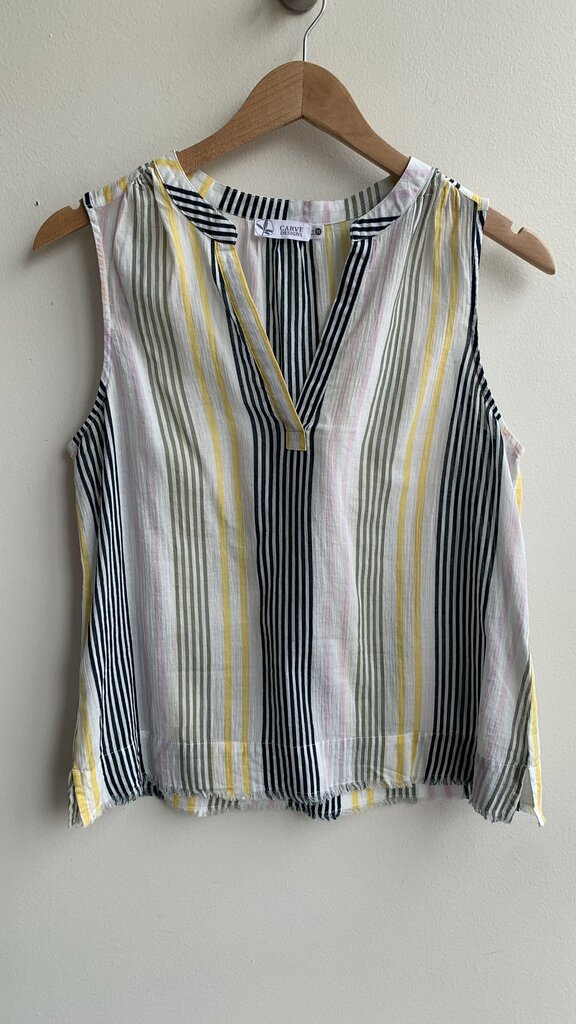 Pre-Owned Carve Design White Stripe Multi Colour V-Neck Sleeveless Top- Size X-Small
