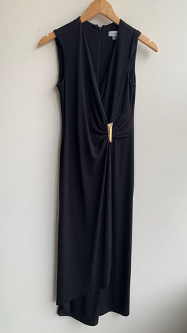 Pre-Owned Calvin Klein Black Gathered Silver Decal Sheath Dress - Size 4