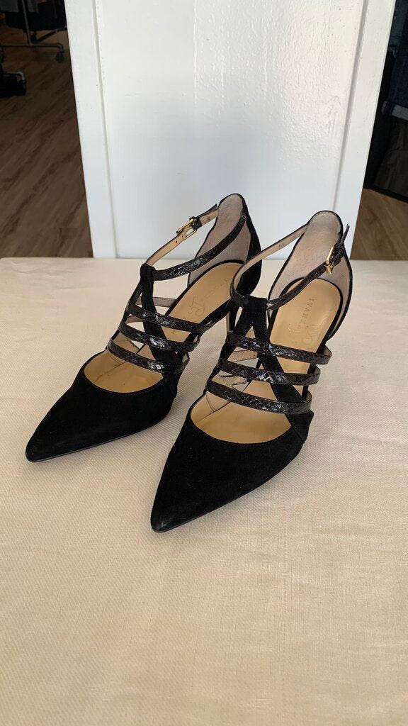 Pre-Owned Ivanka Trump Black Pointy Toe Strappy Leather Heels - SIze 7