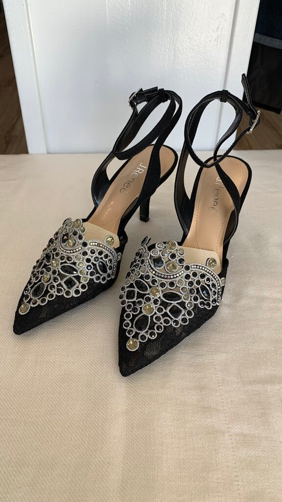 Pre-Owned J.Renee Black Pointy Toe Jeweled/Embroidered Suede Heels - Size 7 (NIB)